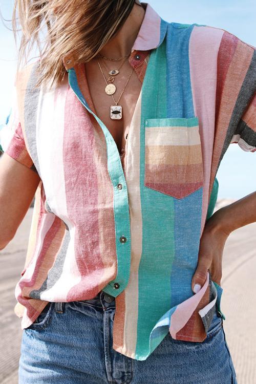 Colorful Stripe Button Shirt Shorts Set