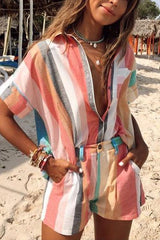 Colorful Stripe Button Shirt Shorts Set