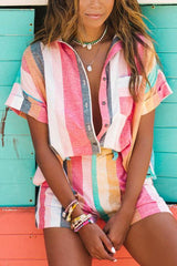 Colorful Stripe Button Shirt Shorts Set