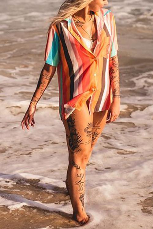 Colorful Stripe Button Shirt Shorts Set