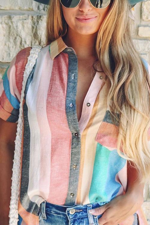 Colorful Stripe Button Shirt Shorts Set