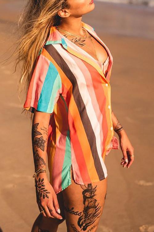 Colorful Stripe Button Shirt Shorts Set