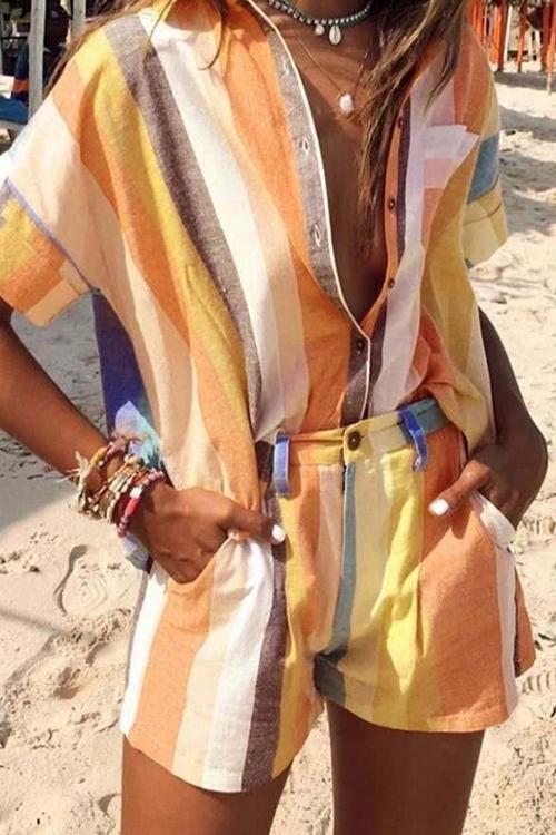 Colorful Stripe Button Shirt Shorts Set