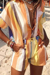 Colorful Stripe Button Shirt Shorts Set