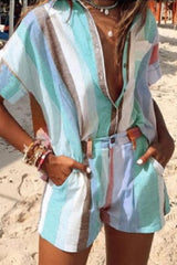 Colorful Stripe Button Shirt Shorts Set