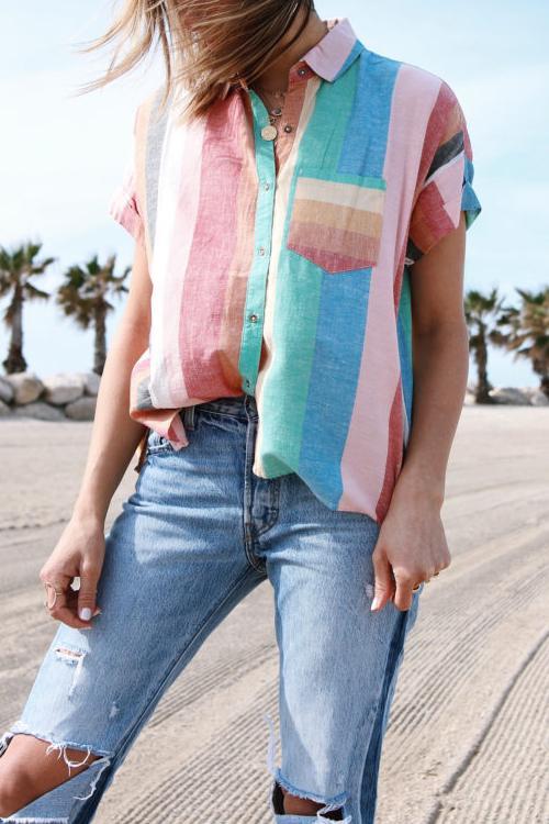 Colorful Stripe Button Shirt Shorts Set