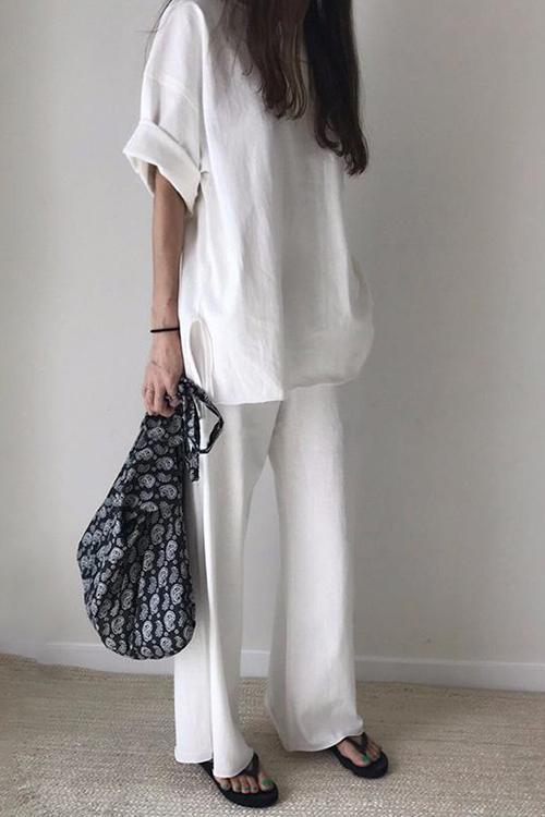 Solid O Neck Short Sleeve Loose Shirt Pants Set