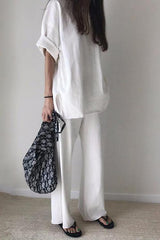 Solid O Neck Short Sleeve Loose Shirt Pants Set