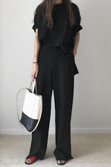 Solid O Neck Short Sleeve Loose Shirt Pants Set