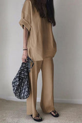 Solid O Neck Short Sleeve Loose Shirt Pants Set