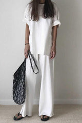 Solid O Neck Short Sleeve Loose Shirt Pants Set