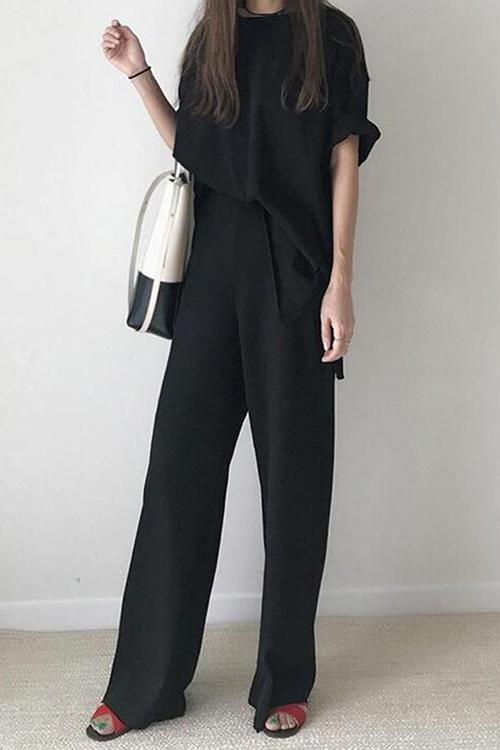 Solid O Neck Short Sleeve Loose Shirt Pants Set