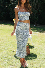 Floral Tiered Ruffles Crop Maxi Bodycon Skirts Set