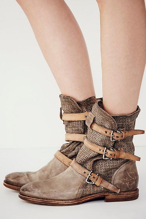 Boho Leather Buckle Ankle Flat Boot