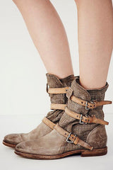 Boho Leather Buckle Ankle Flat Boot