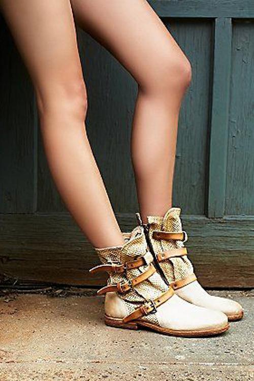 Boho Leather Buckle Ankle Flat Boot