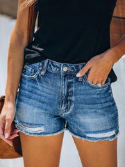 Washed High-waist Hole Denim Shorts