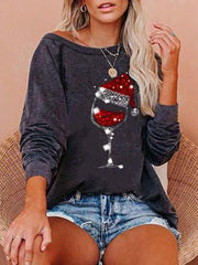 Wineglass Christmas Hat Print Pullover Top