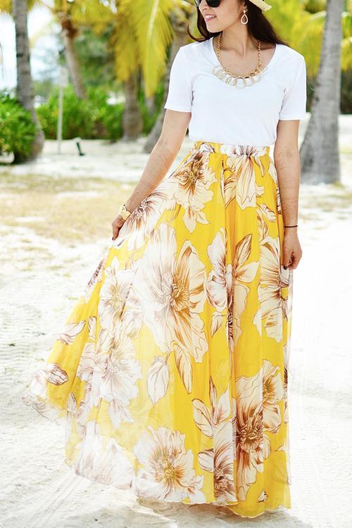 Floral Print Chiffon Maxi Skirts