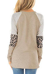 Long Sleeve Striped Leopard Stitching Tops