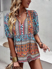 Tassel V-neck Print Casual Resort Style Tops Ladies Short Sleeve Blue Purple S M L XL