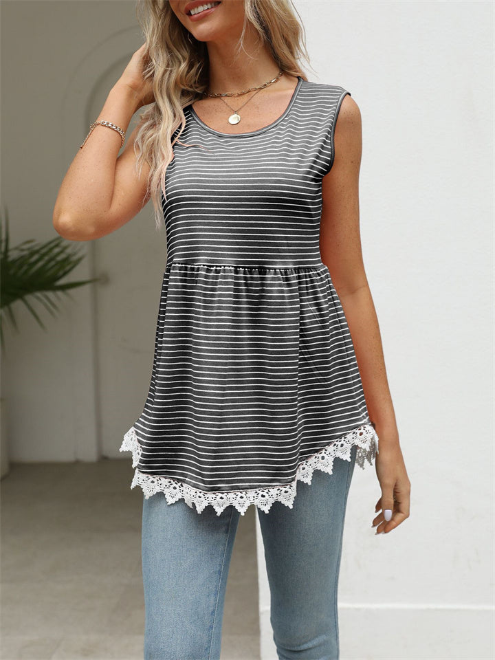 Summer New Slim Type Striped Lace Splicing Strapless Sleeveless Stretchy Pullover Undershirt Tops Comfortable Casual Women