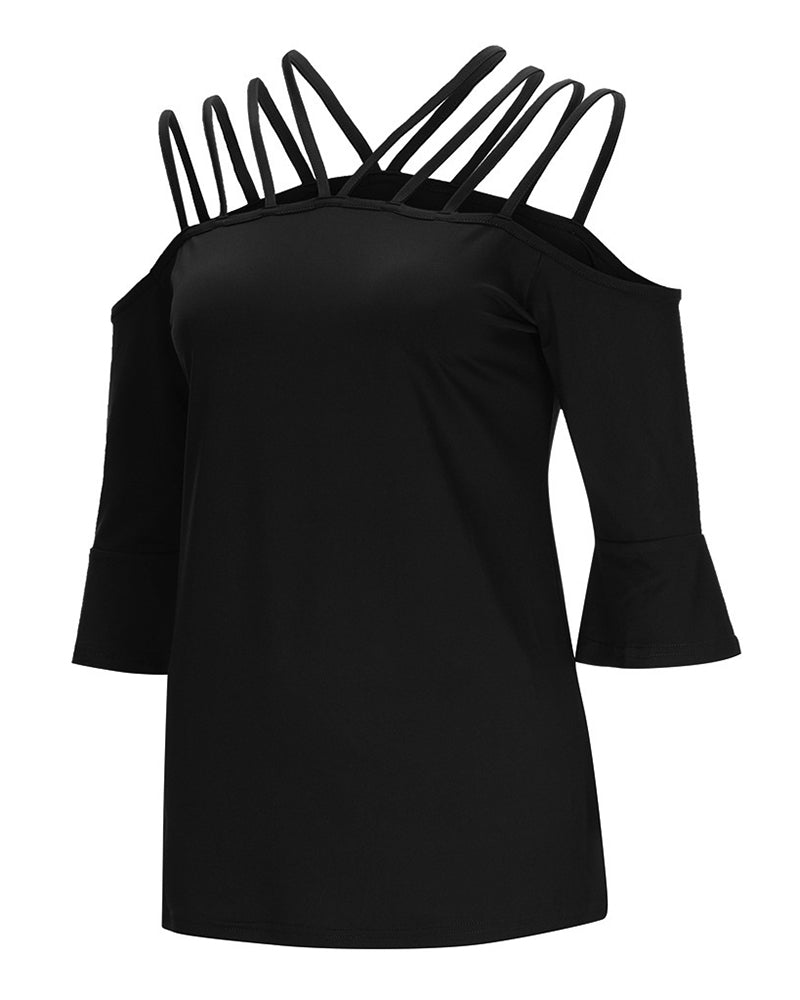 Strappy Detail Bell Sleeve Cold Shoulder Blouse