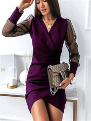 Spring and Summer New Women's V-neck Slim Sexy Mesh Long-sleeved Solid Color Irregular Dress V-neck Sexy Midriff Dress