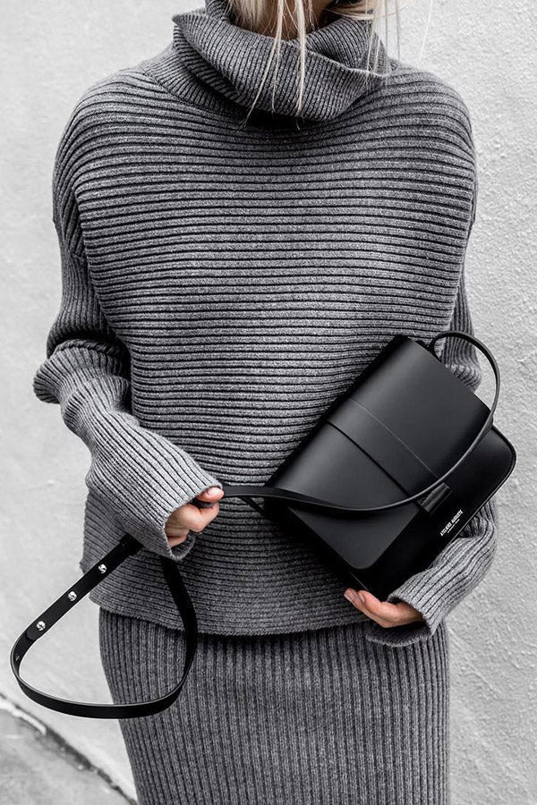 Charley Solid Color High Collar Knit Sweater Two-piece Suit