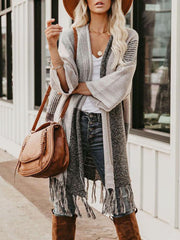 Fringe Color Block Loose Knit Cardigan
