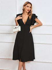 Spring and Summer Women's New V-neck Sexy Backless High Waist Open Lotus Leaf Sleeve Single-breasted A-line Dress In Long Paragraph Dress