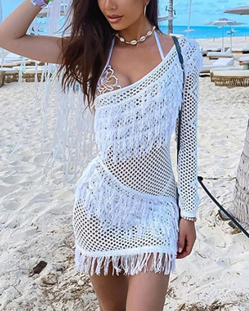 Fringe Trim Hollow Out One Shoulder Mini Dress