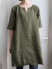 Spring and Summer New Solid Color V-neck Cotton Linen Casual Shoulder Insert Medium-sleeved Temperament Elegant A-line Dresses Women
