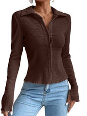 Spring and Summer Women's Solid Color Patchwork Sleeve Openings Slim Type Cardigan Button Up Lapel Regular Sleeve T-shirt Comfortable Casual Style