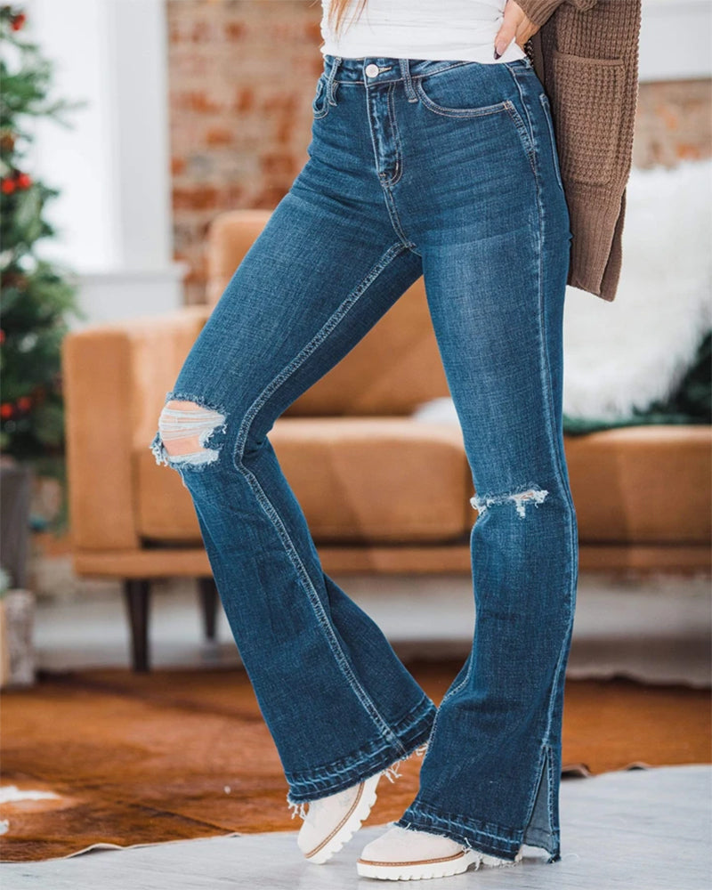 90s Vintage Ripped Split Hem Zip Fly Flare Jeans