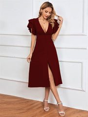 Spring and Summer Women's New V-neck Sexy Backless High Waist Open Lotus Leaf Sleeve Single-breasted A-line Dress In Long Paragraph Dress