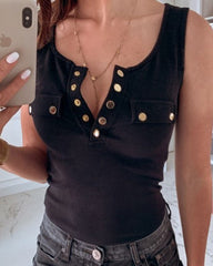Solid Ribbed Button Front Tank Blouse