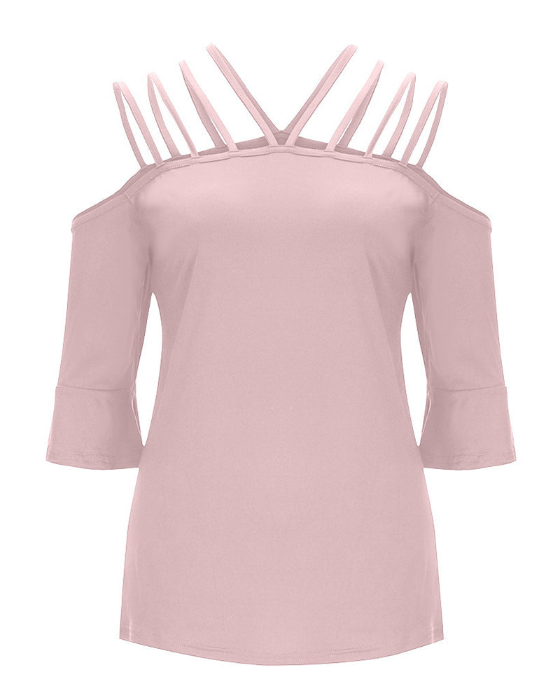 Strappy Detail Bell Sleeve Cold Shoulder Blouse