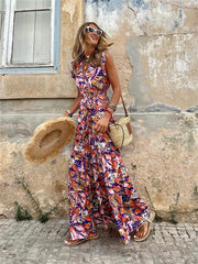 Spring and Summer Casual Temperament Women's Midriff Printed Long Dress Sleeveless V-neck Big Swing Dress Personality Street Style
