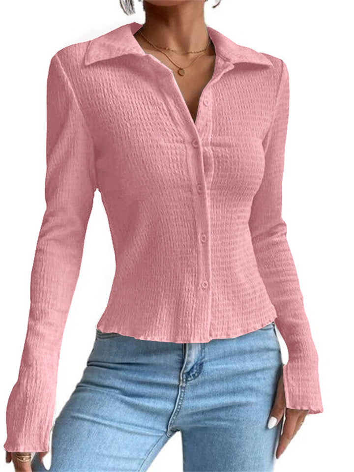 Spring and Summer Women's Solid Color Patchwork Sleeve Openings Slim Type Cardigan Button Up Lapel Regular Sleeve T-shirt Comfortable Casual Style