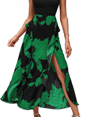 Summer Fashion Casual Style Women's Round Neck Splicing Hem Open Irregular Sleeveless Print Floral High Waist Dress