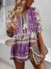 Tassel V-neck Print Casual Resort Style Tops Ladies Short Sleeve Blue Purple S M L XL