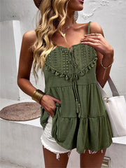 Spring and Summer Casual Vacation Halter Neck Flower Knitted Solid Color Tops Gray Red Green Blue S M L XL