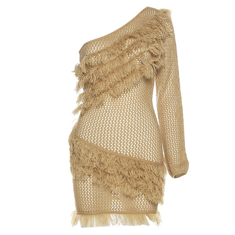 Fringe Trim Hollow Out One Shoulder Mini Dress