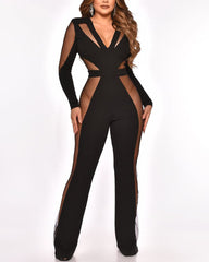 Sheer Mesh Insert Plunging Neck Jumpsuit