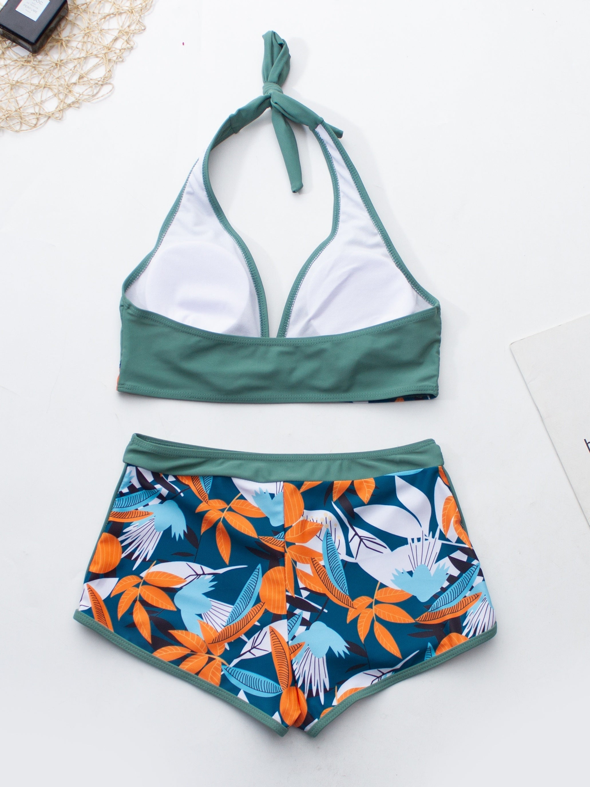 Floral Print Deep V Shape Halter Bikini Boxer Swimsuit