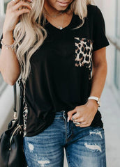 Leopard Printed Patchwork V Neck Short Sleeve T-shirt