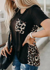 Leopard Printed Patchwork V Neck Short Sleeve T-shirt
