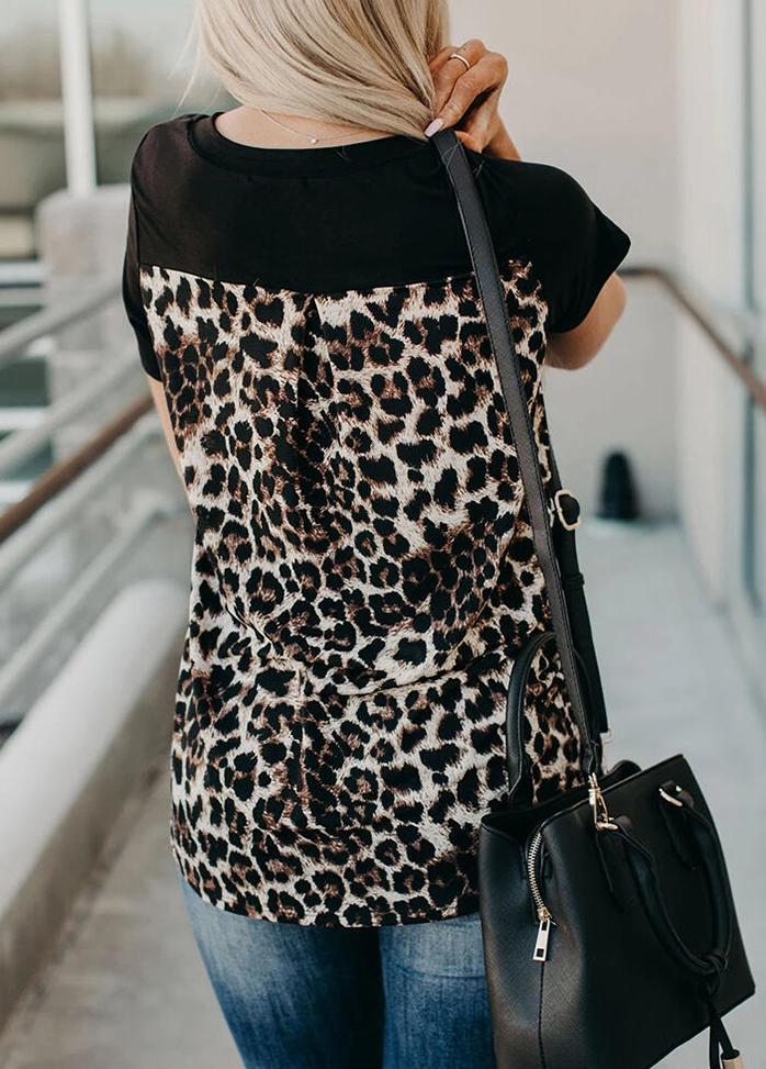 Leopard Printed Patchwork V Neck Short Sleeve T-shirt