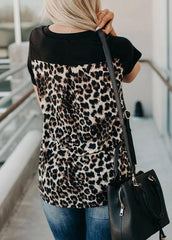 Leopard Printed Patchwork V Neck Short Sleeve T-shirt